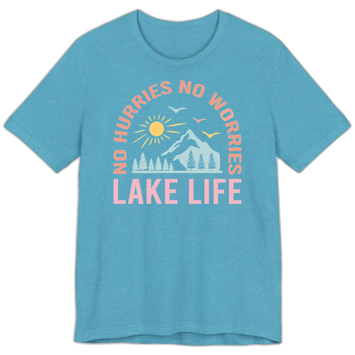 No Worries Lake Life Mountain Scene Premium T-Shirt in Heather Aqua