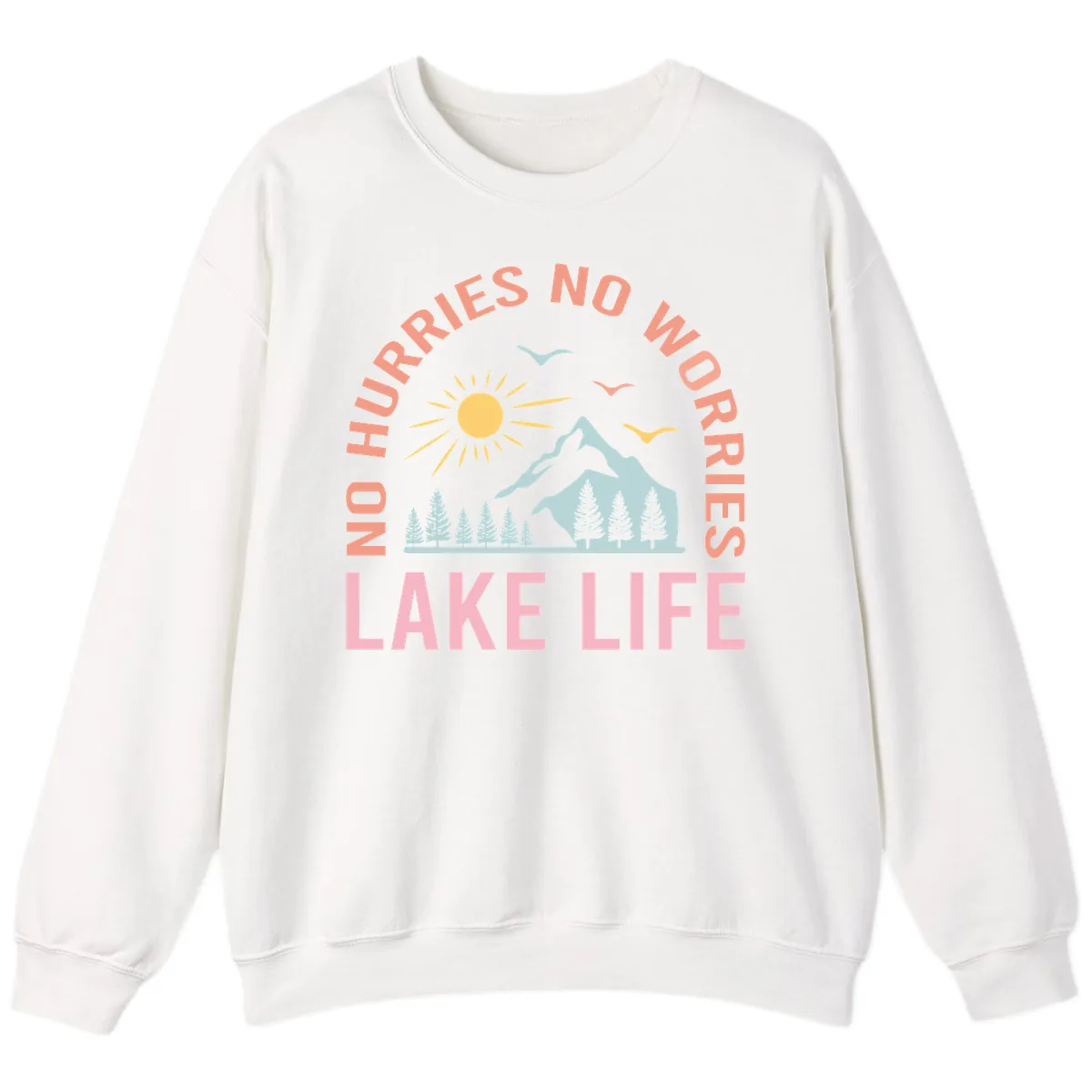 No Worries Lake Life Mountain Scene Sweatshirt in White