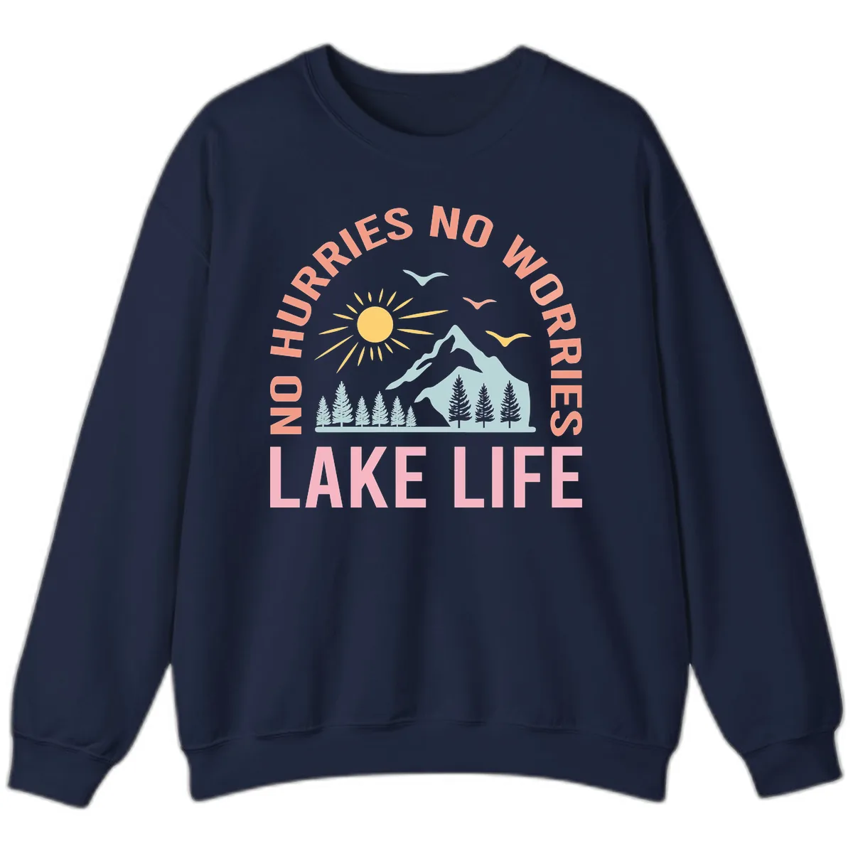 No Worries Lake Life Mountain Scene Sweatshirt in Navy
