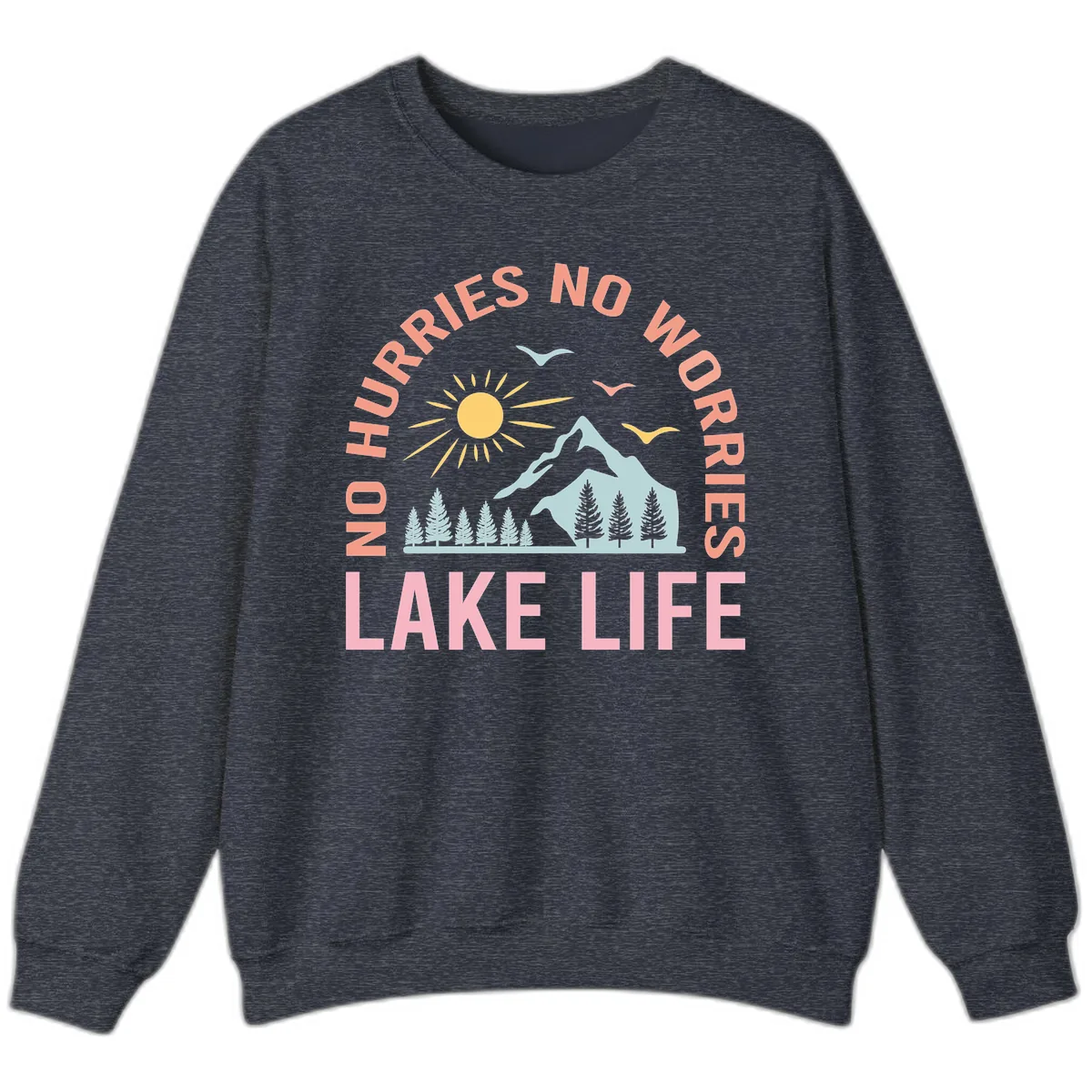 No Worries Lake Life Mountain Scene Sweatshirt in Heather Sport Dark Navy