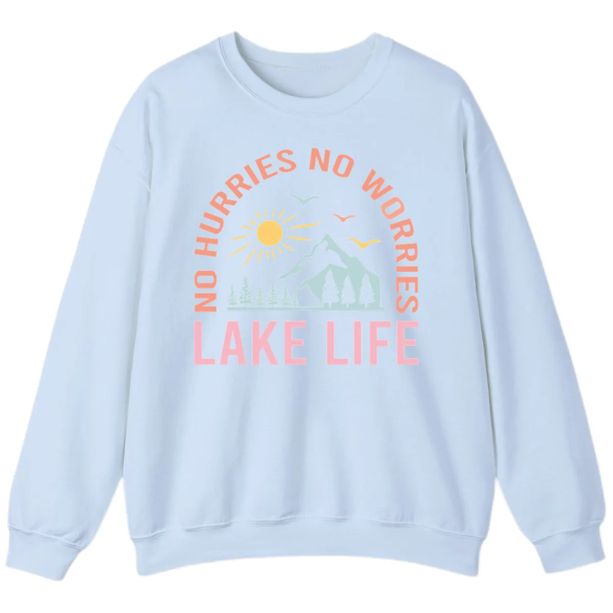 No Worries Lake Life Mountain Scene Sweatshirt in Light Blue