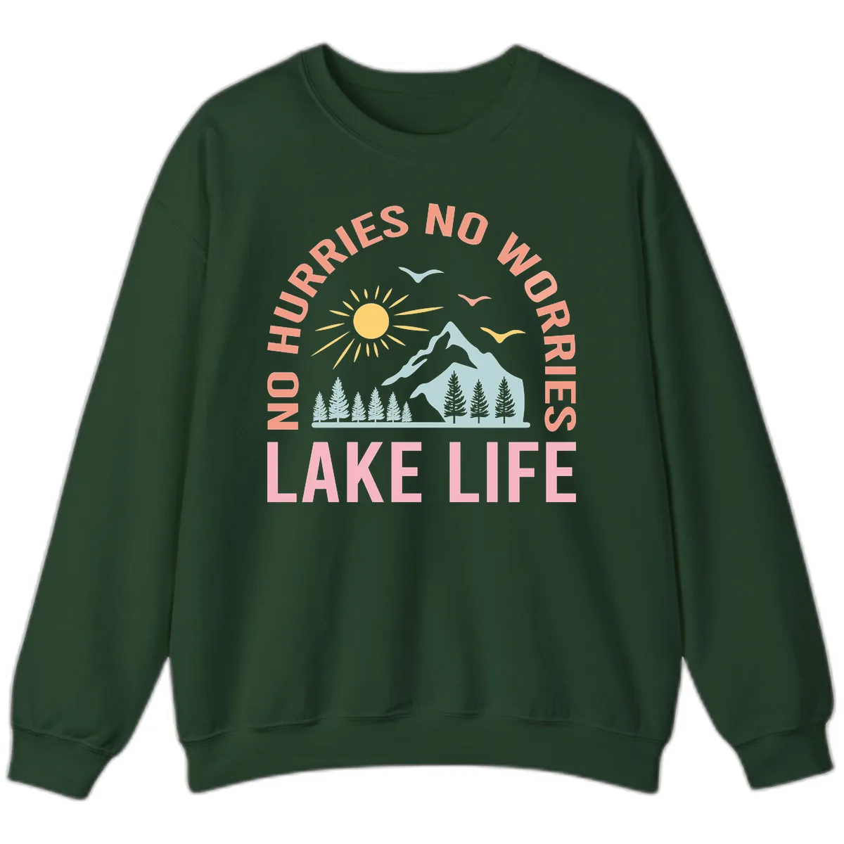 No Worries Lake Life Mountain Scene Sweatshirt in Forest Green