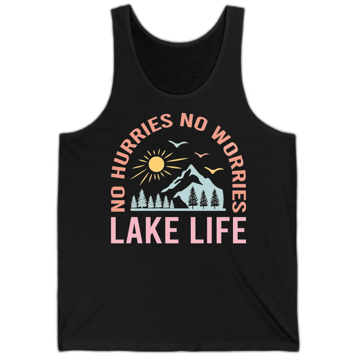 No Worries Lake Life Mountain Scene Tank in Black