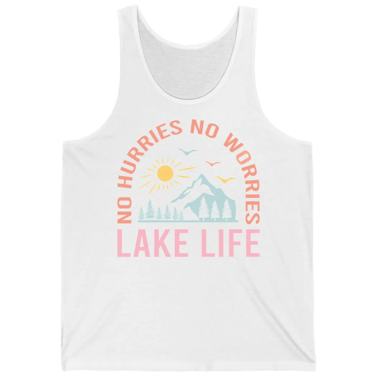No Worries Lake Life Mountain Scene Tank in White