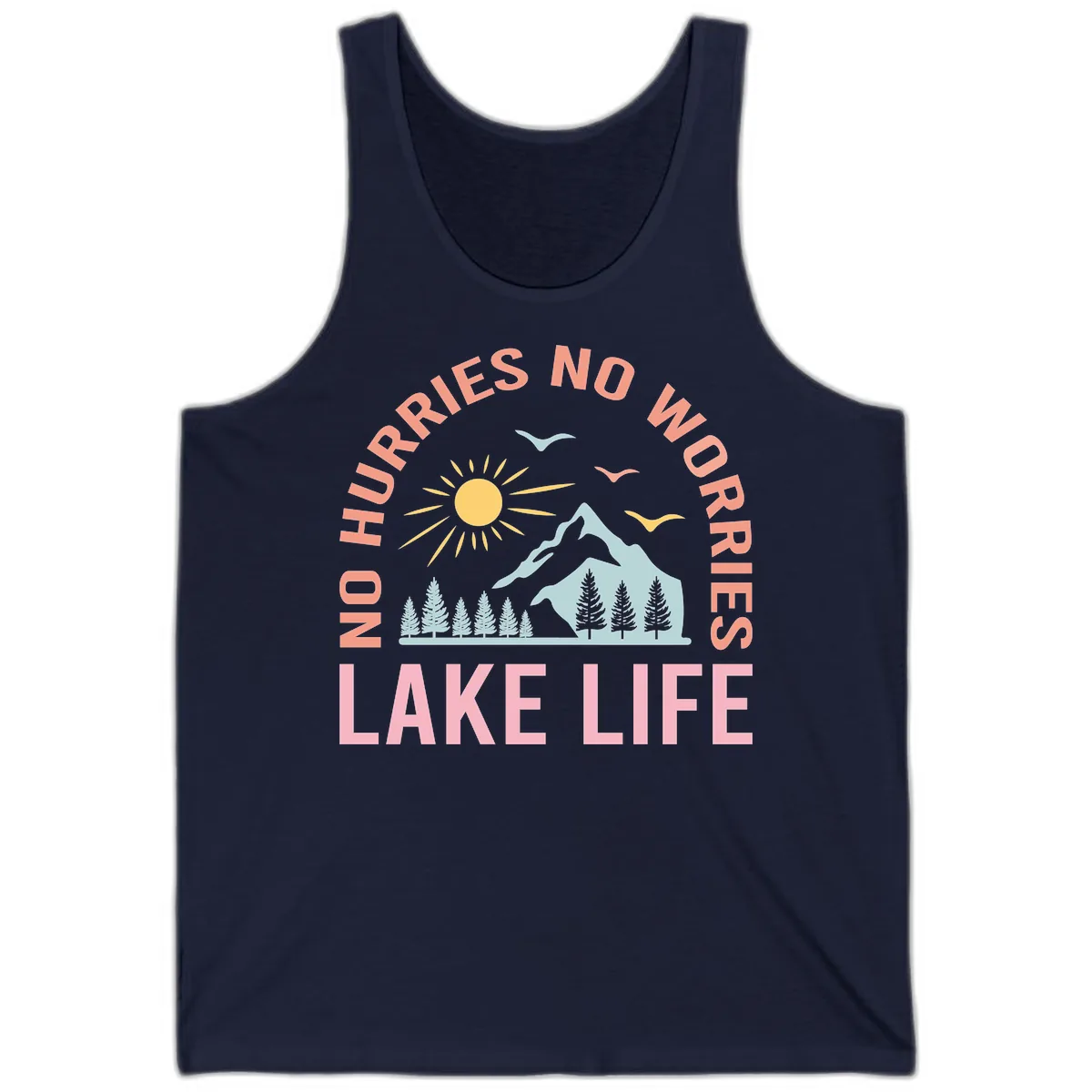 No Worries Lake Life Mountain Scene Tank in Navy