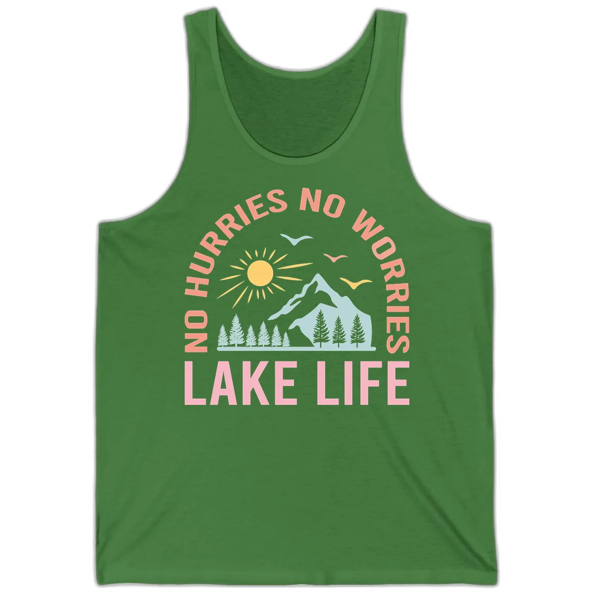 No Worries Lake Life Mountain Scene Tank in Leaf