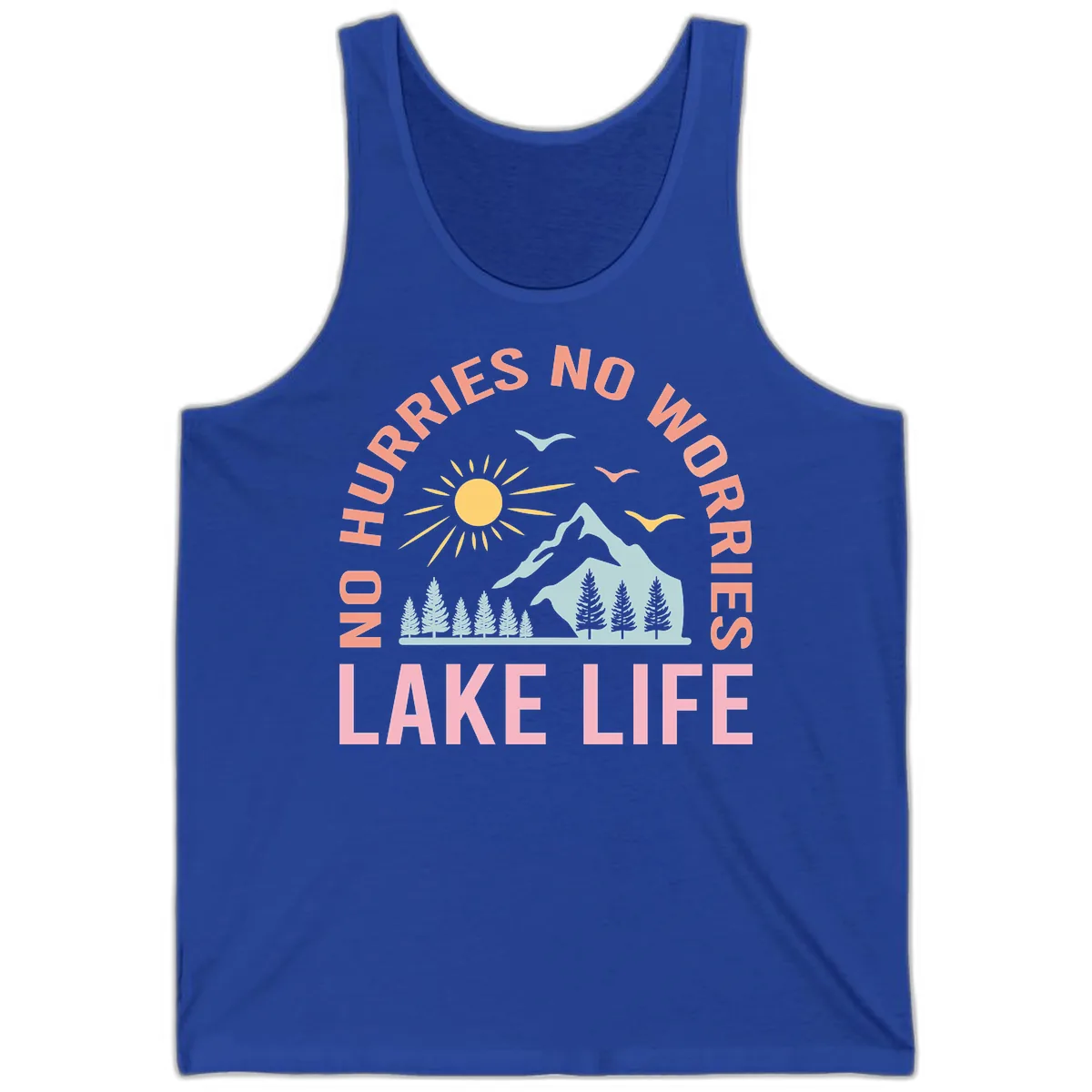 No Worries Lake Life Mountain Scene Tank in True Royal