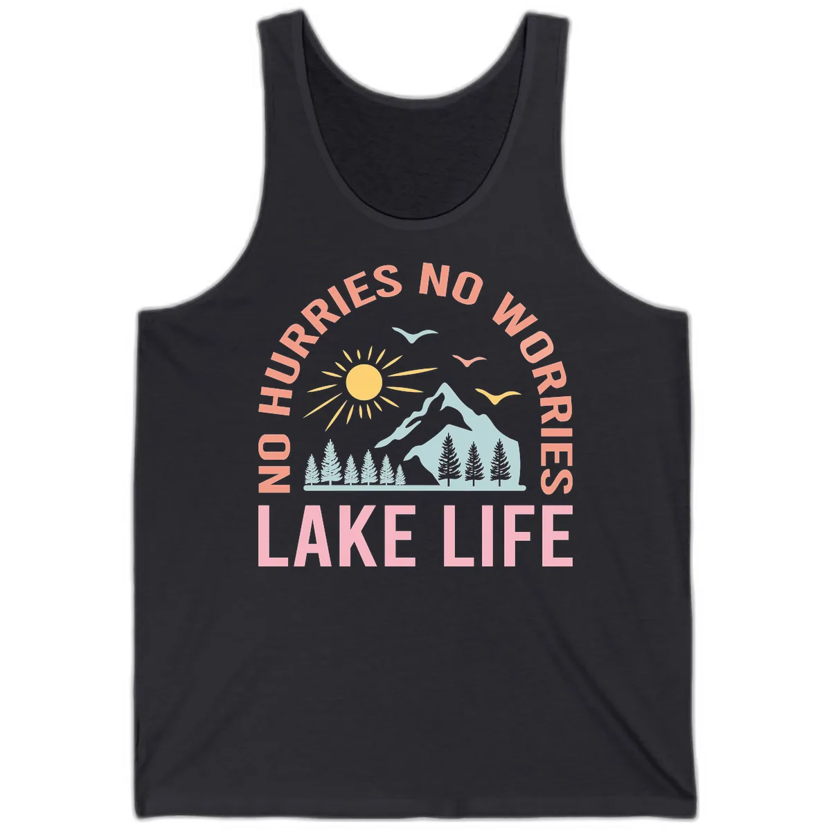 No Worries Lake Life Mountain Scene Tank in Dark Grey