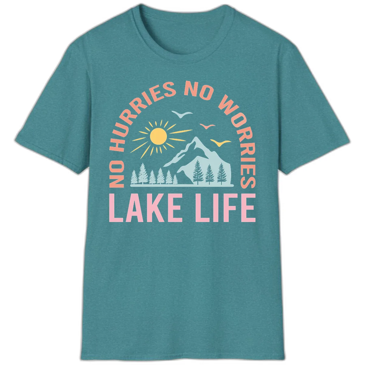 No Worries Lake Life Mountain Scene T-Shirt in Heather Galapagos Blue