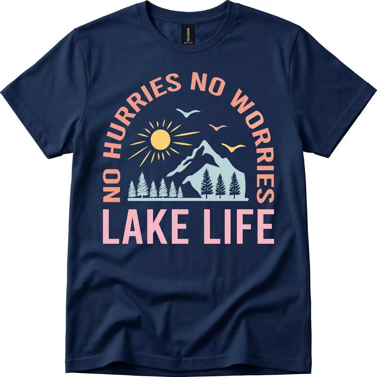No Worries Lake Life Mountain Scene T-Shirt in Navy