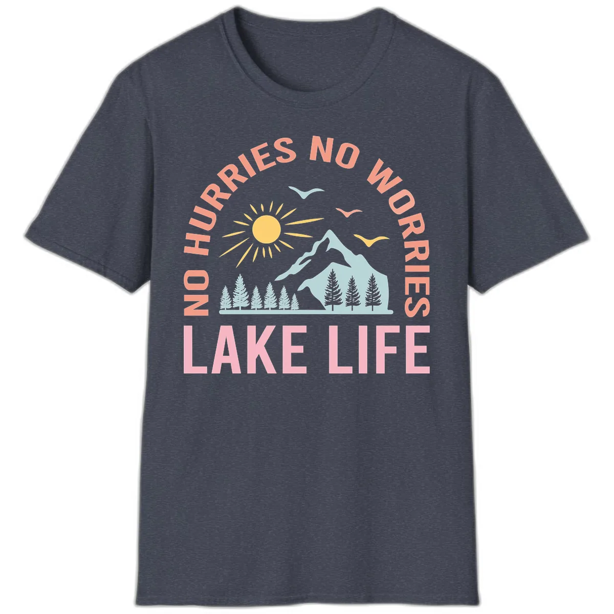 No Worries Lake Life Mountain Scene T-Shirt in Heather Navy