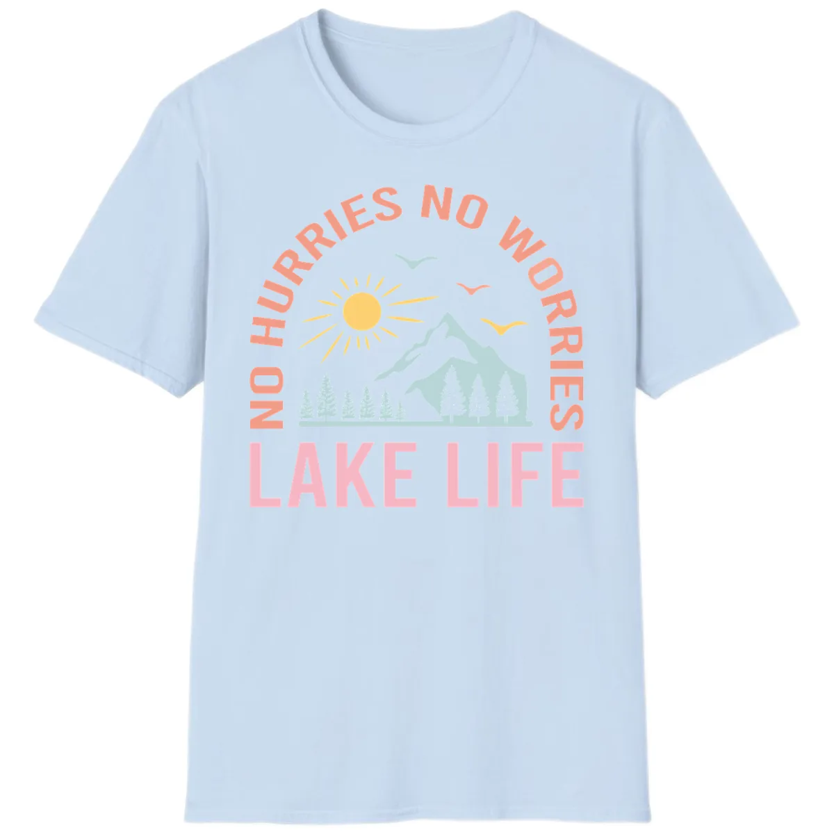 No Worries Lake Life Mountain Scene T-Shirt in Light Blue