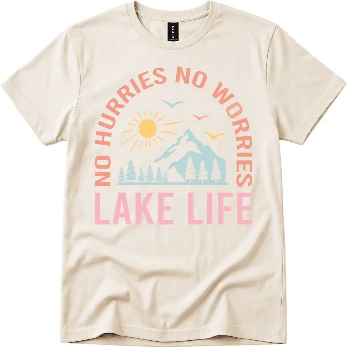 No Worries Lake Life Mountain Scene T-Shirt in Natural