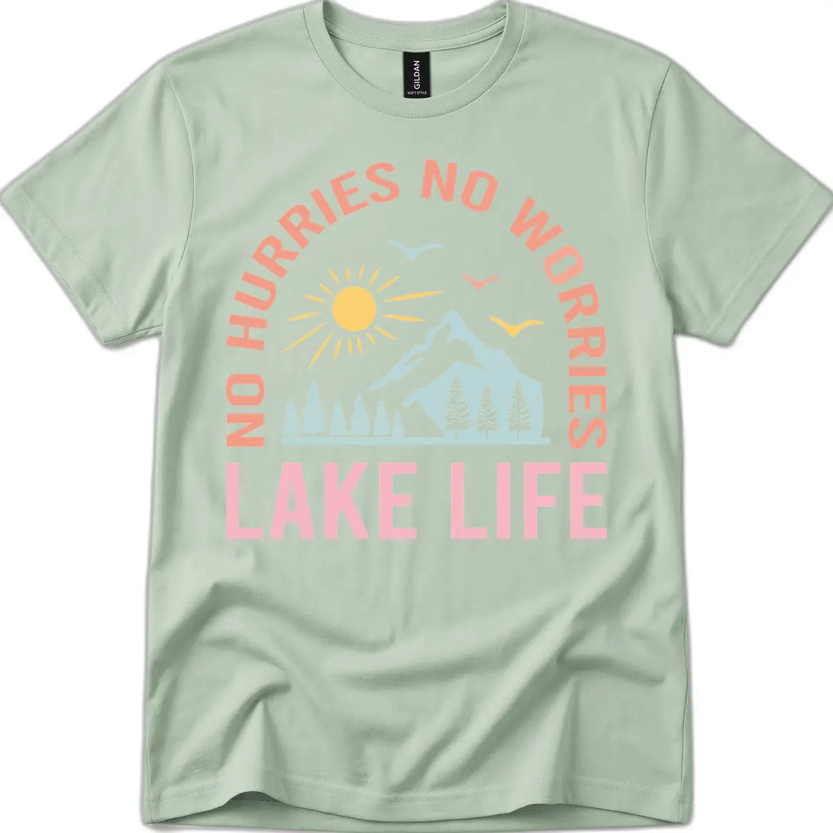No Worries Lake Life Mountain Scene T-Shirt in Sage