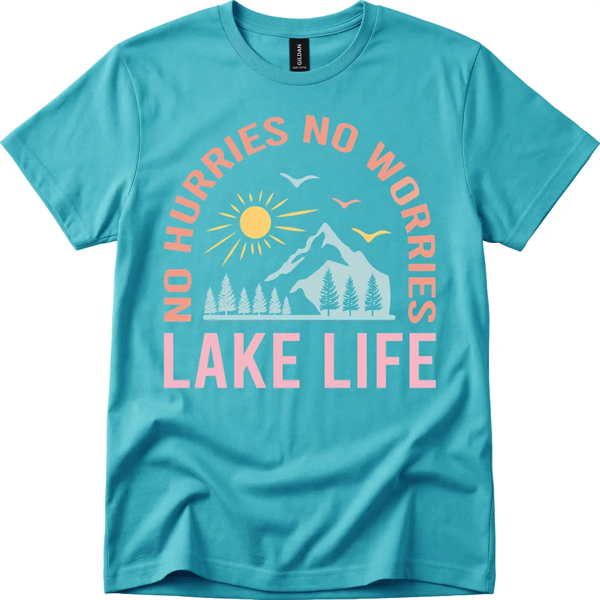 No Worries Lake Life Mountain Scene T-Shirt in Tropical Blue