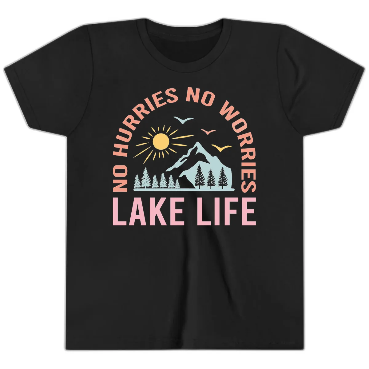 No Worries Lake Life Mountain Scene Youth T-Shirt in Black