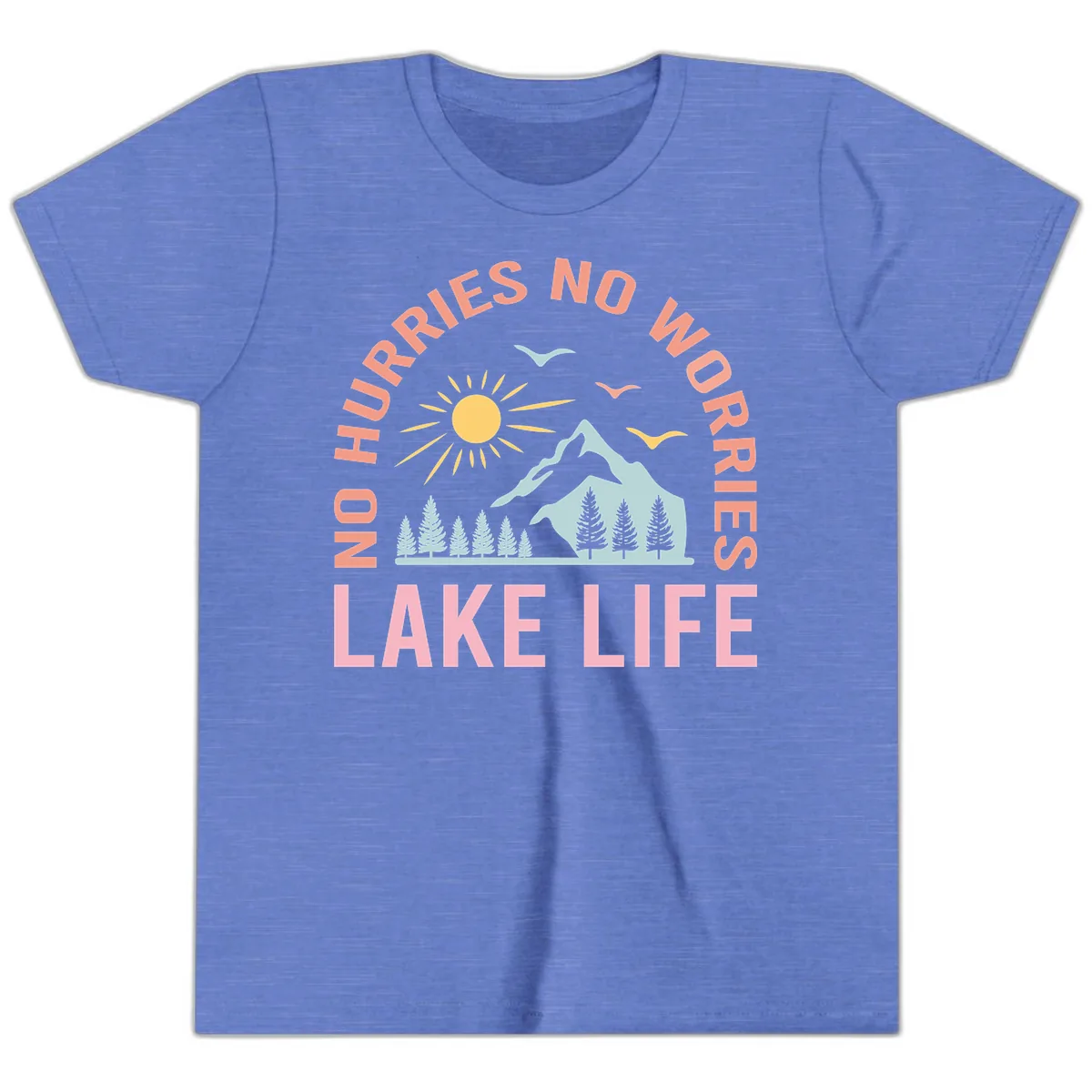 No Worries Lake Life Mountain Scene Youth T-Shirt in Heather Columbia Blue