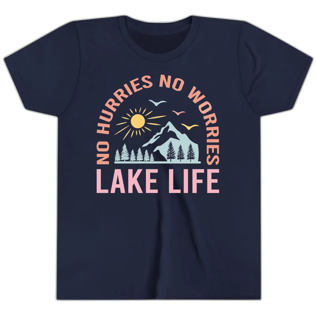 No Worries Lake Life Mountain Scene Youth T-Shirt in Navy