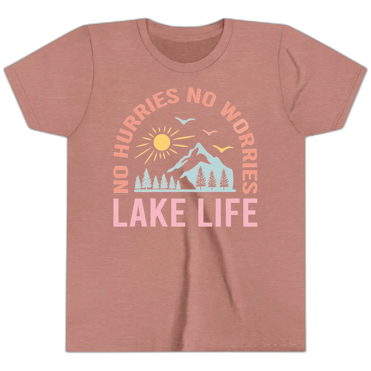 No Worries Lake Life Mountain Scene Youth T-Shirt in Heather Mauve