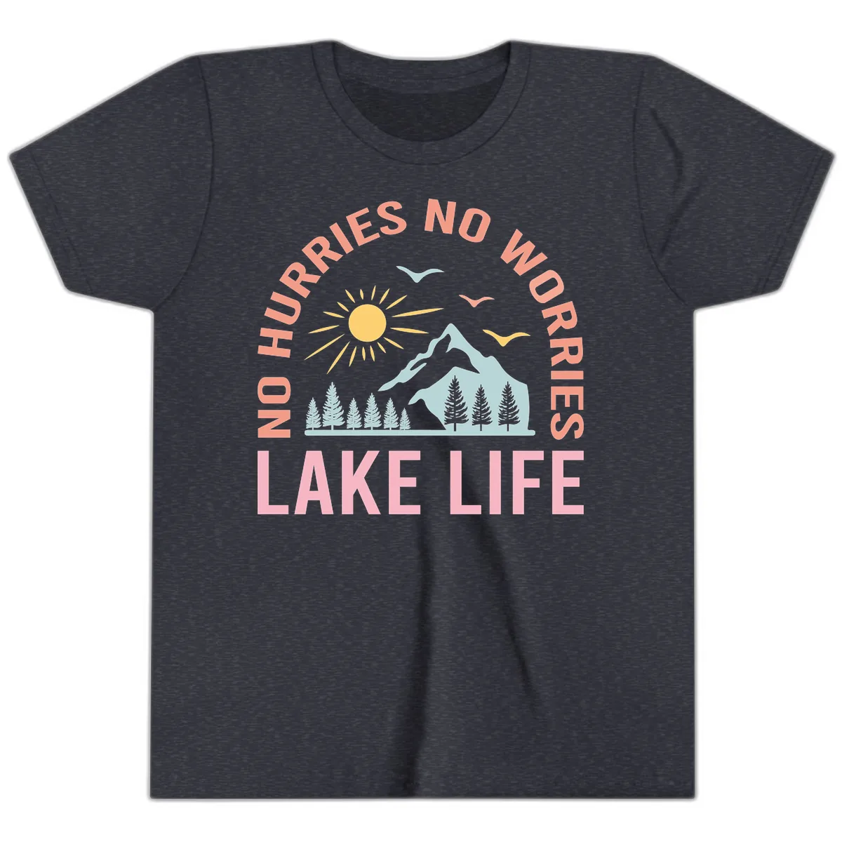 No Worries Lake Life Mountain Scene Youth T-Shirt in Heather Navy