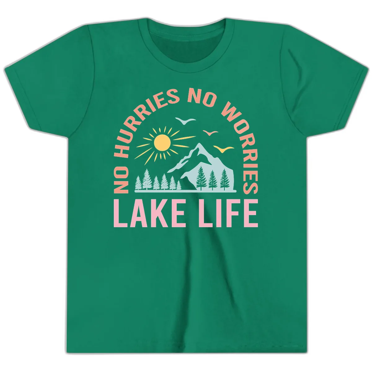 No Worries Lake Life Mountain Scene Youth T-Shirt in Kelly