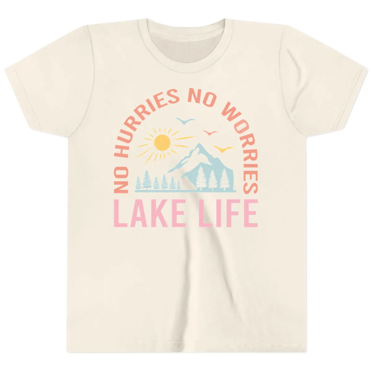 No Worries Lake Life Mountain Scene Youth T-Shirt in Natural