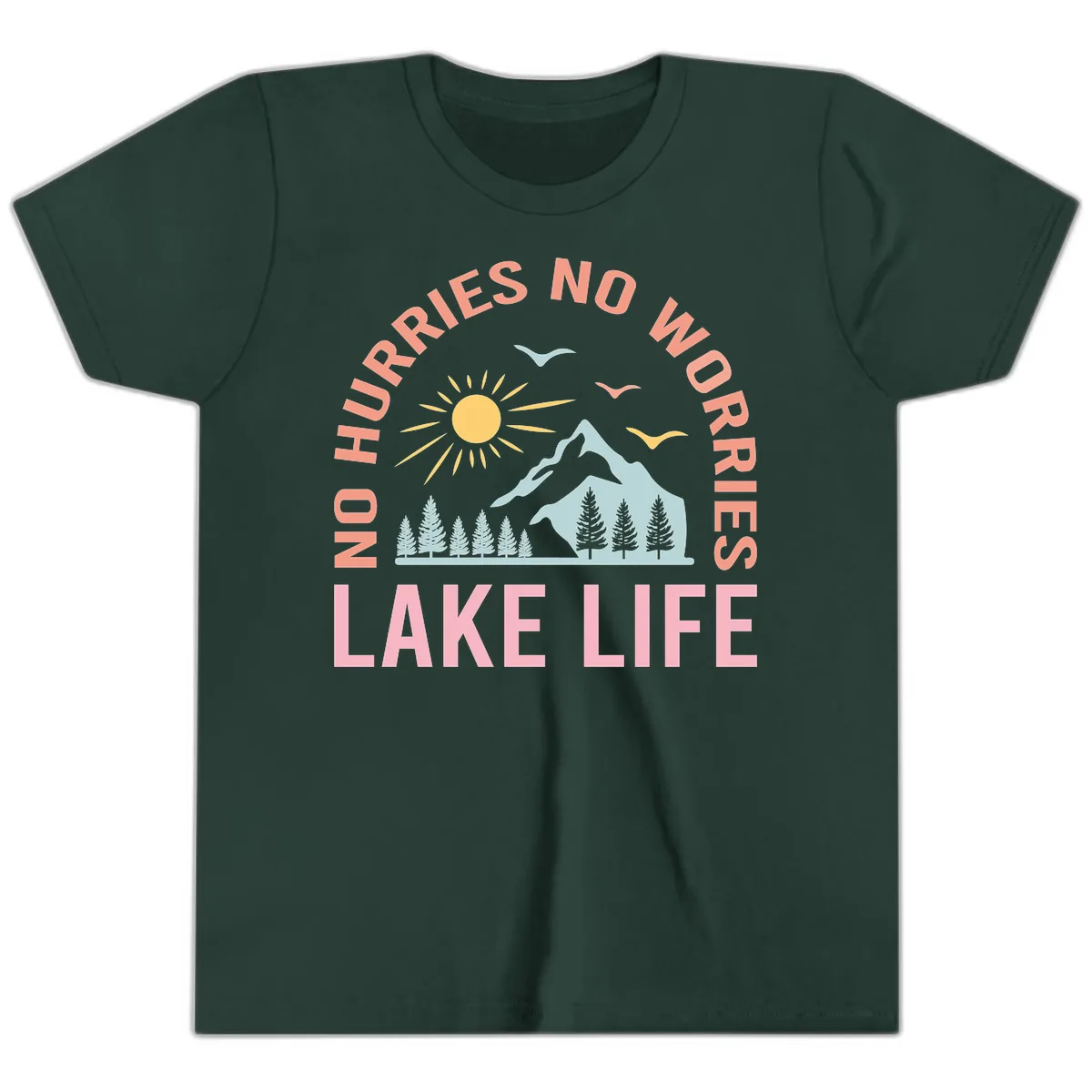 No Worries Lake Life Mountain Scene Youth T-Shirt in Forest