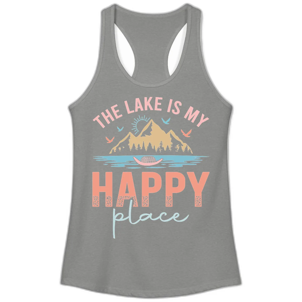 The Lake Is My Happy Place Ladies Tank in Heather Grey