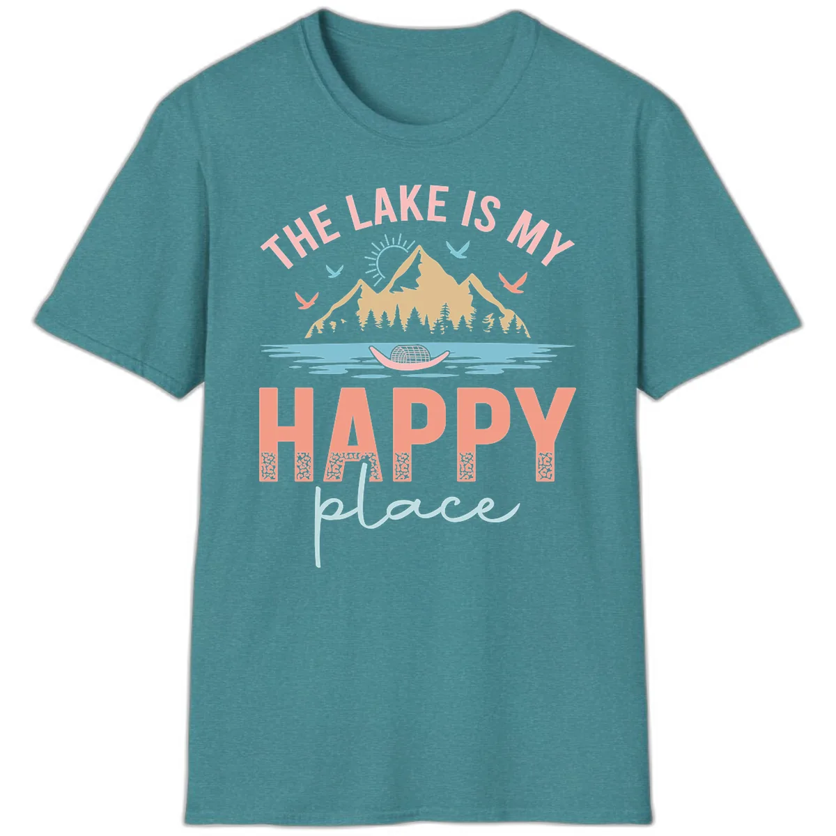 The Lake Is My Happy Place T-Shirt in Heather Galapagos Blue