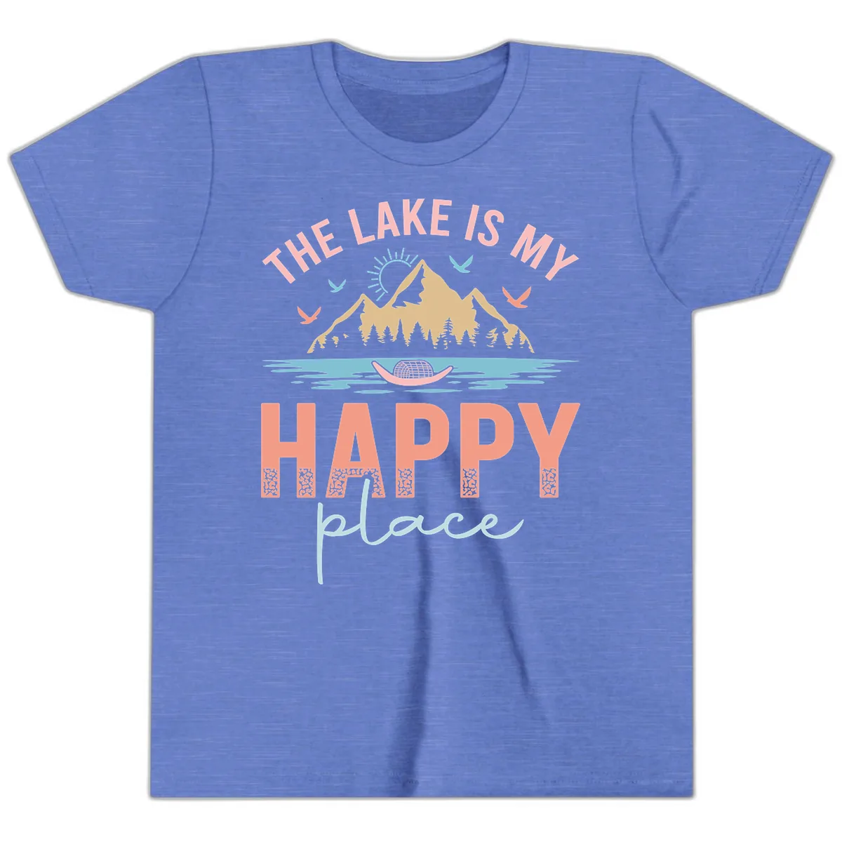 The Lake Is My Happy Place Youth T-Shirt in Heather Columbia Blue