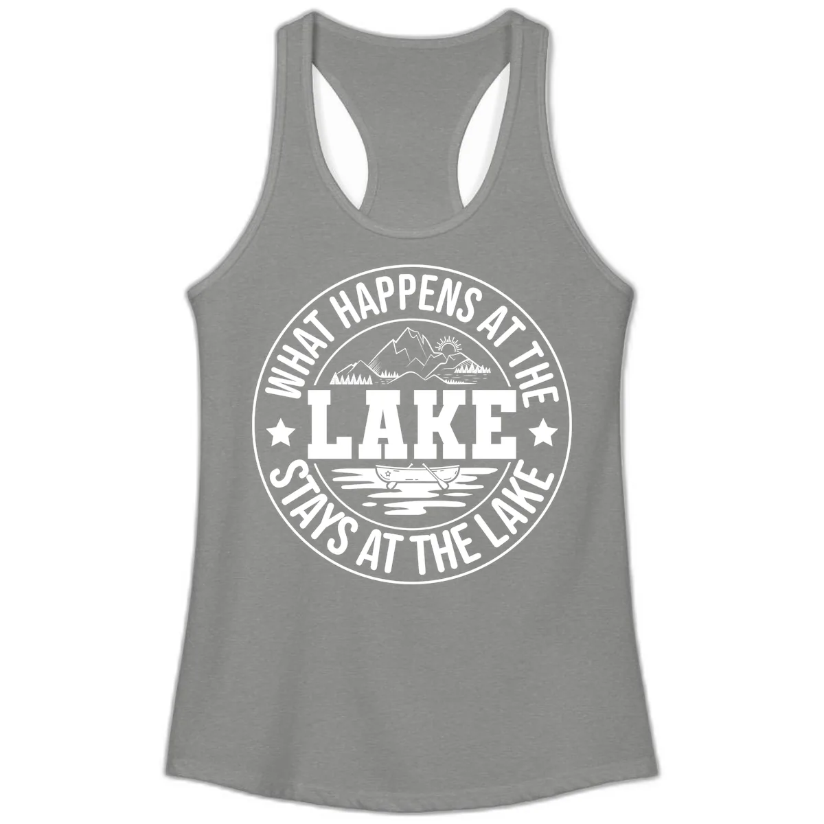 What Happens At The Lake Stays At The Lake Design Ladies Tank in Heather Grey