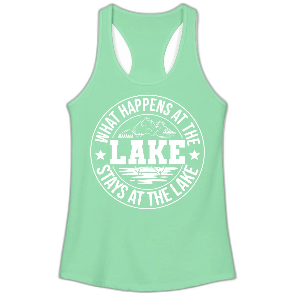 What Happens At The Lake Stays At The Lake Design Ladies Tank in Solid Mint