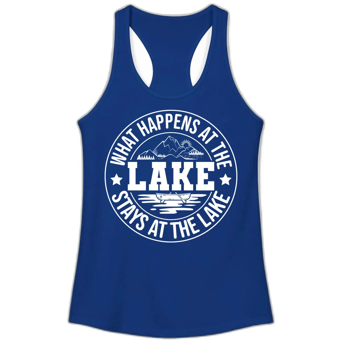 What Happens At The Lake Stays At The Lake Design Ladies Tank in Solid Royal
