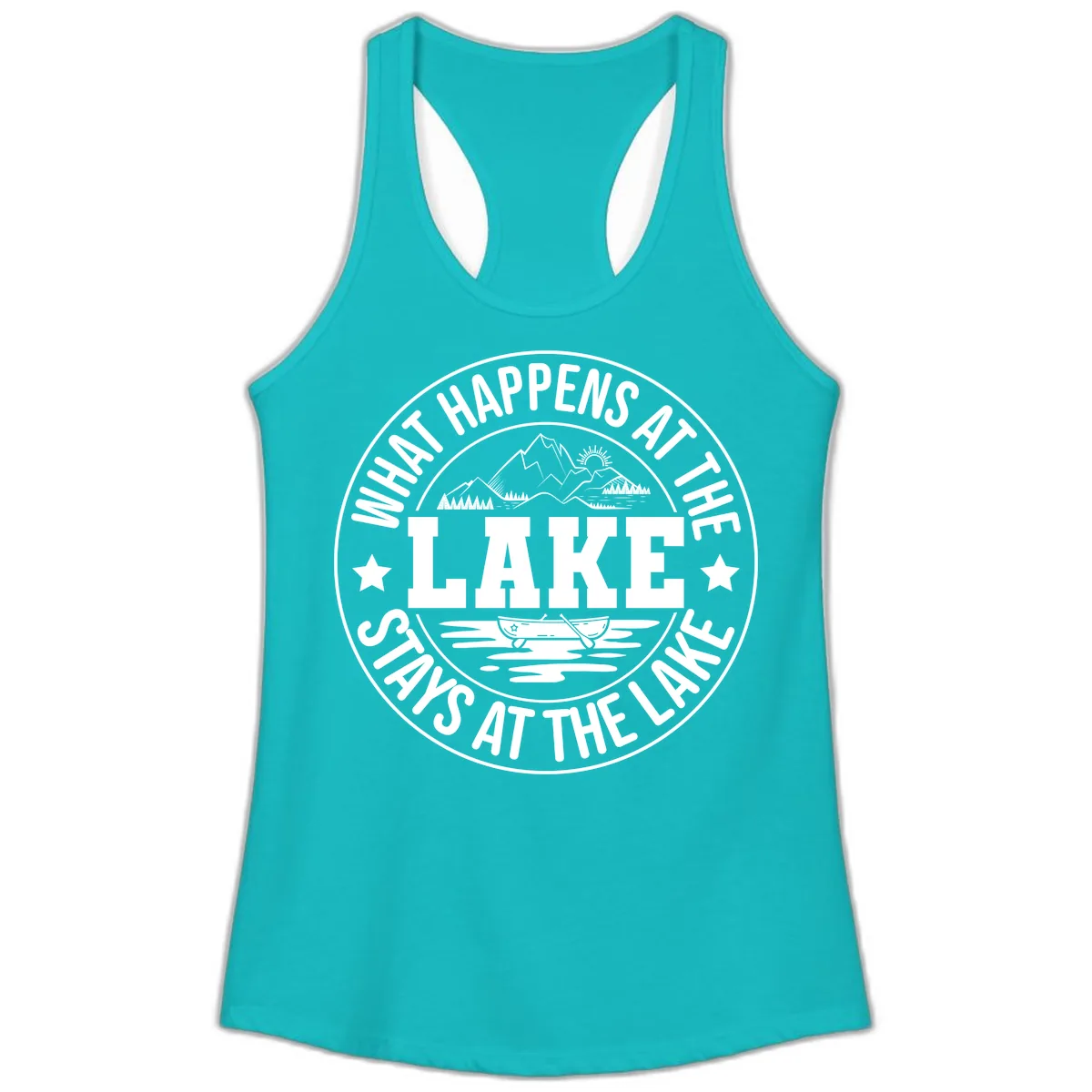 What Happens At The Lake Stays At The Lake Design Ladies Tank in Tahiti Blue