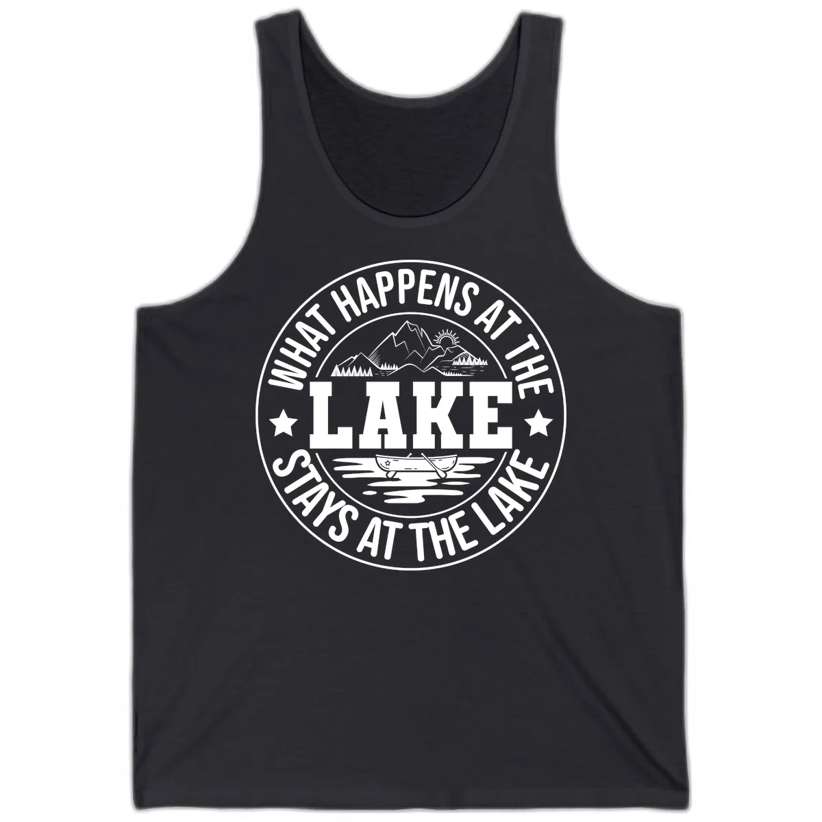 What Happens At The Lake Stays At The Lake Design Tank in Dark Grey