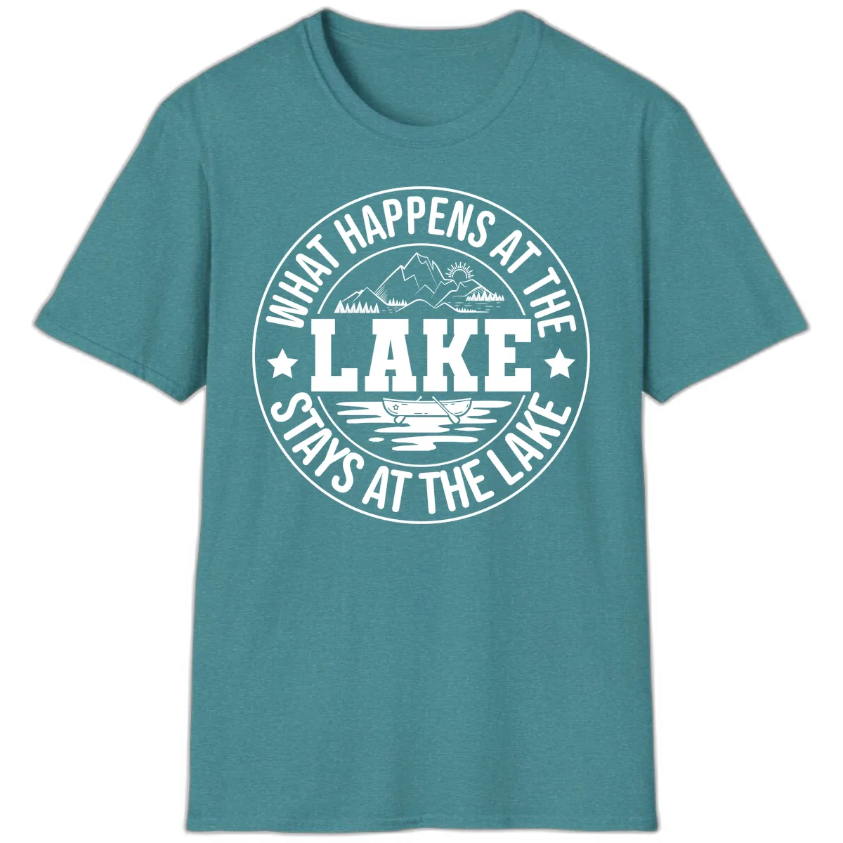 What Happens At The Lake Stays At The Lake Design T-Shirt in Heather Galapagos Blue