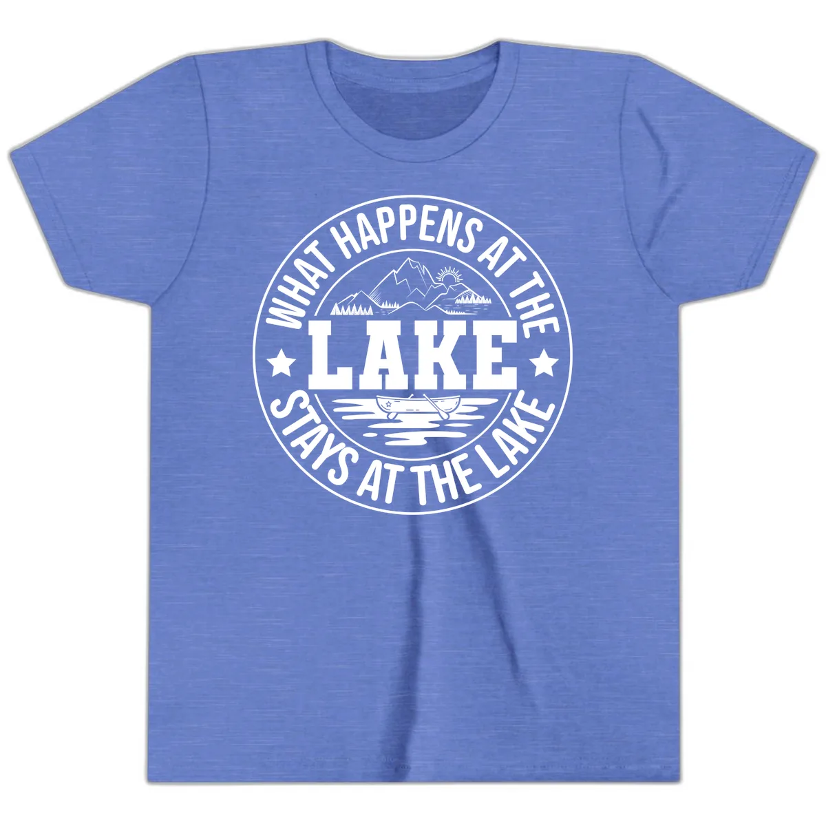 What Happens At The Lake Stays At The Lake Design Youth T-Shirt in Heather Columbia Blue