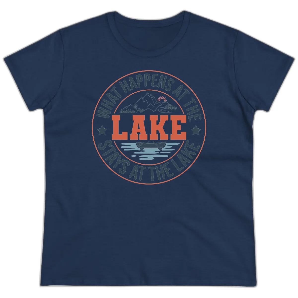 What Happens At The Lake Stays At The Lake Ladies Tee in Navy