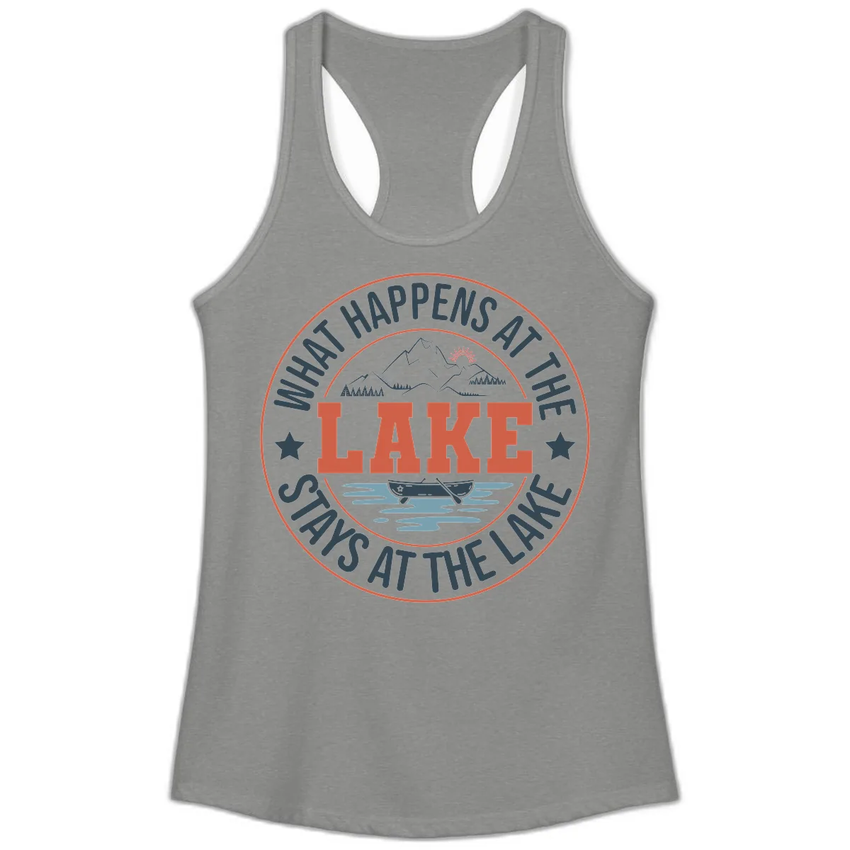 What Happens At The Lake Stays At The Lake Ladies Tank in Heather Grey