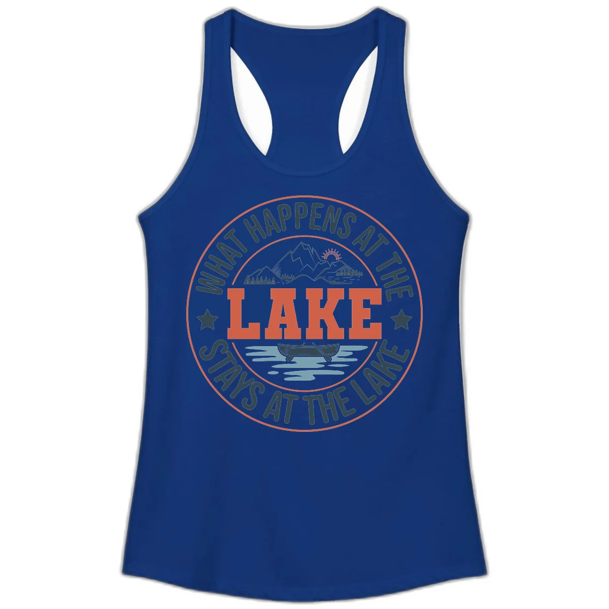 What Happens At The Lake Stays At The Lake Ladies Tank in Solid Royal