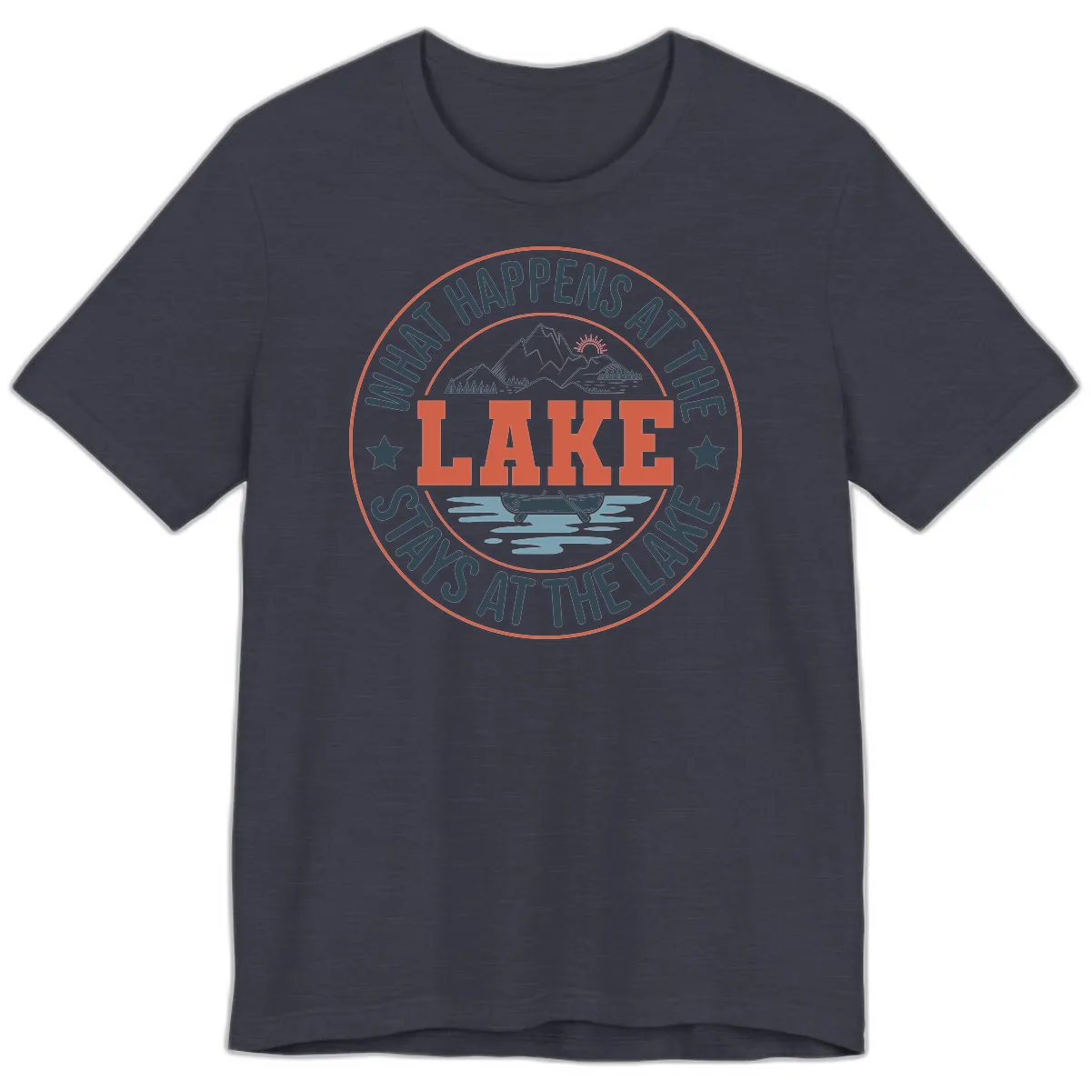 What Happens At The Lake Stays At The Lake Premium T-Shirt in Heather Midnight Navy