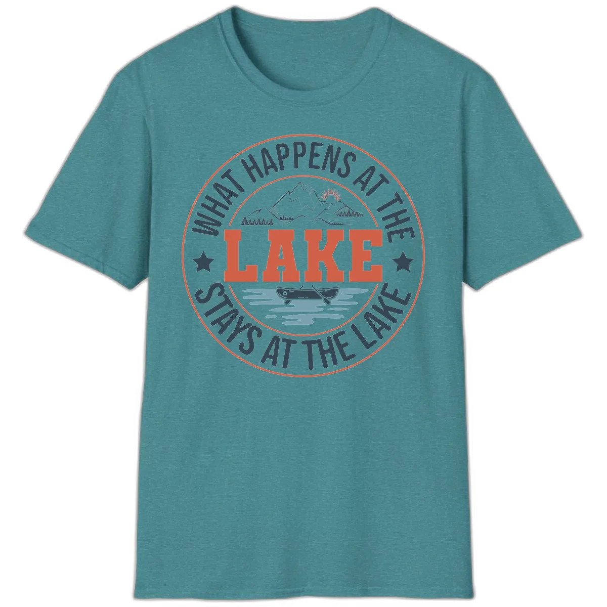 What Happens At The Lake Stays At The Lake T-Shirt in Heather Galapagos Blue
