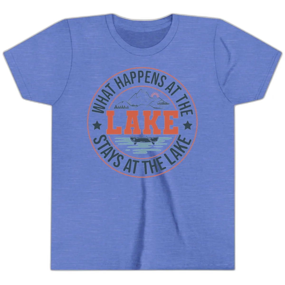 What Happens At The Lake Stays At The Lake Youth T-Shirt in Heather Columbia Blue
