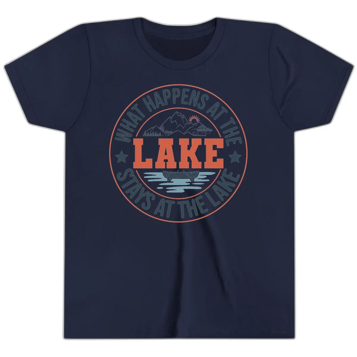 What Happens At The Lake Stays At The Lake Youth T-Shirt in Navy