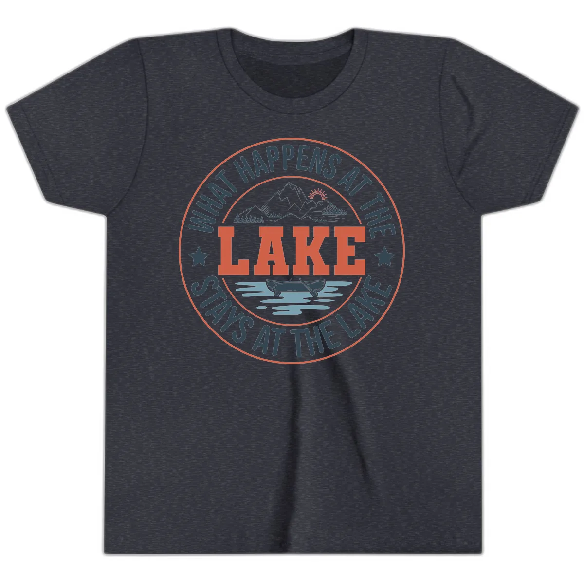 What Happens At The Lake Stays At The Lake Youth T-Shirt in Heather Navy