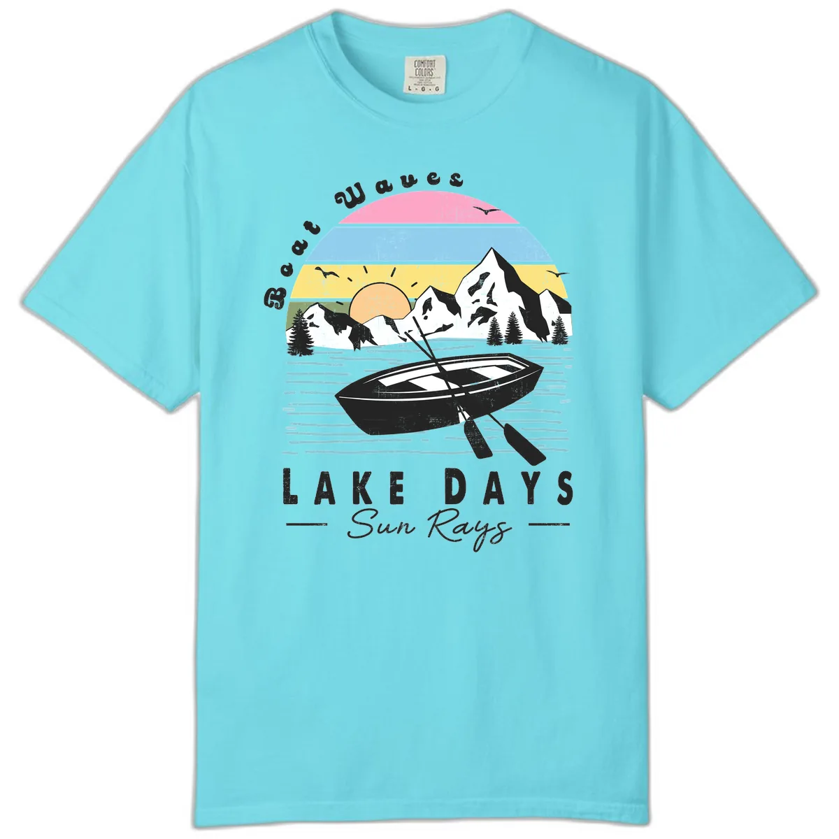 Lake Days Boat Sun Rays Scenic Comfort Color in Lagoon Blue