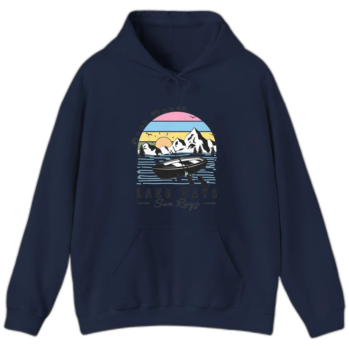 Lake Days Boat Sun Rays Scenic Hoodie in Navy