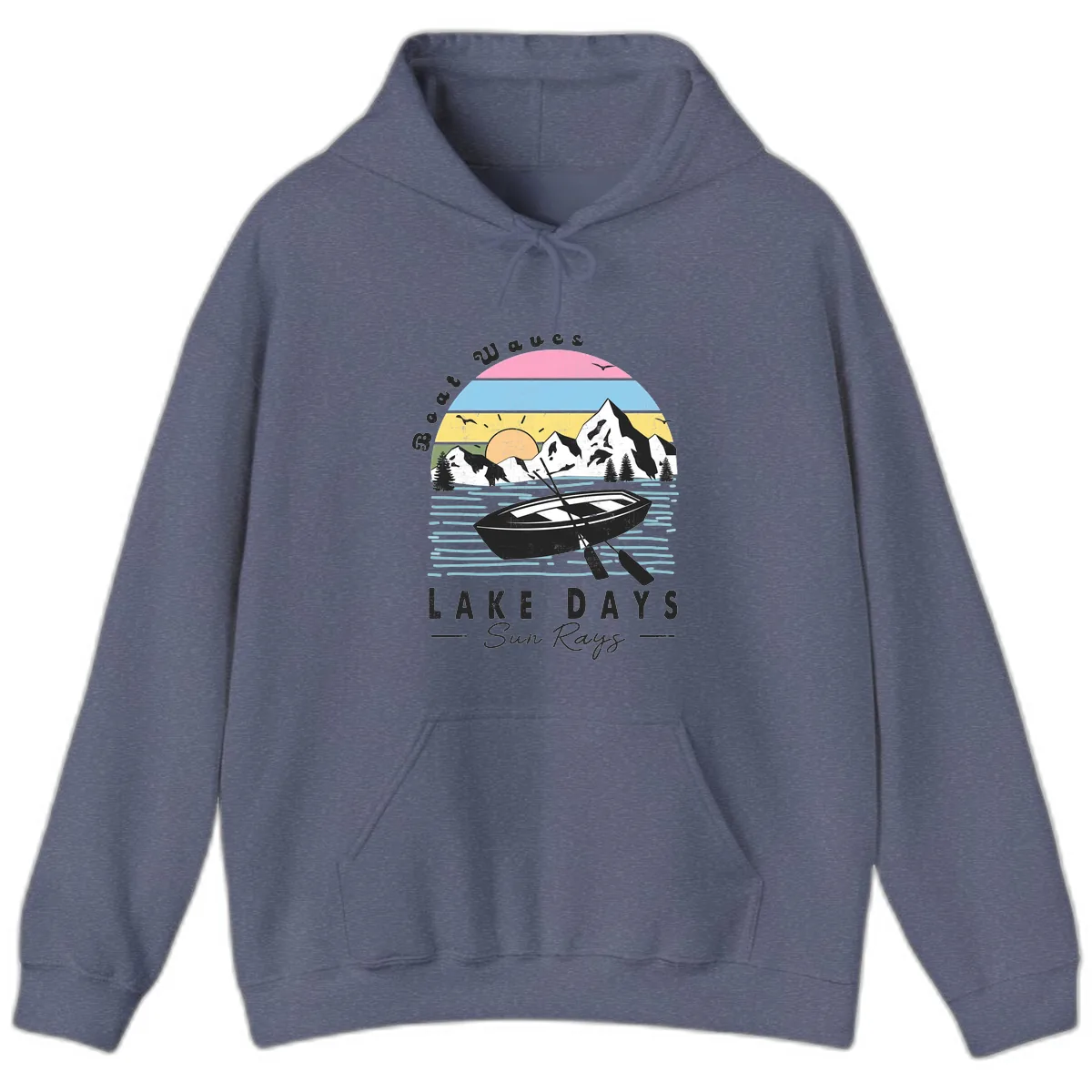 Lake Days Boat Sun Rays Scenic Hoodie in Heather Navy
