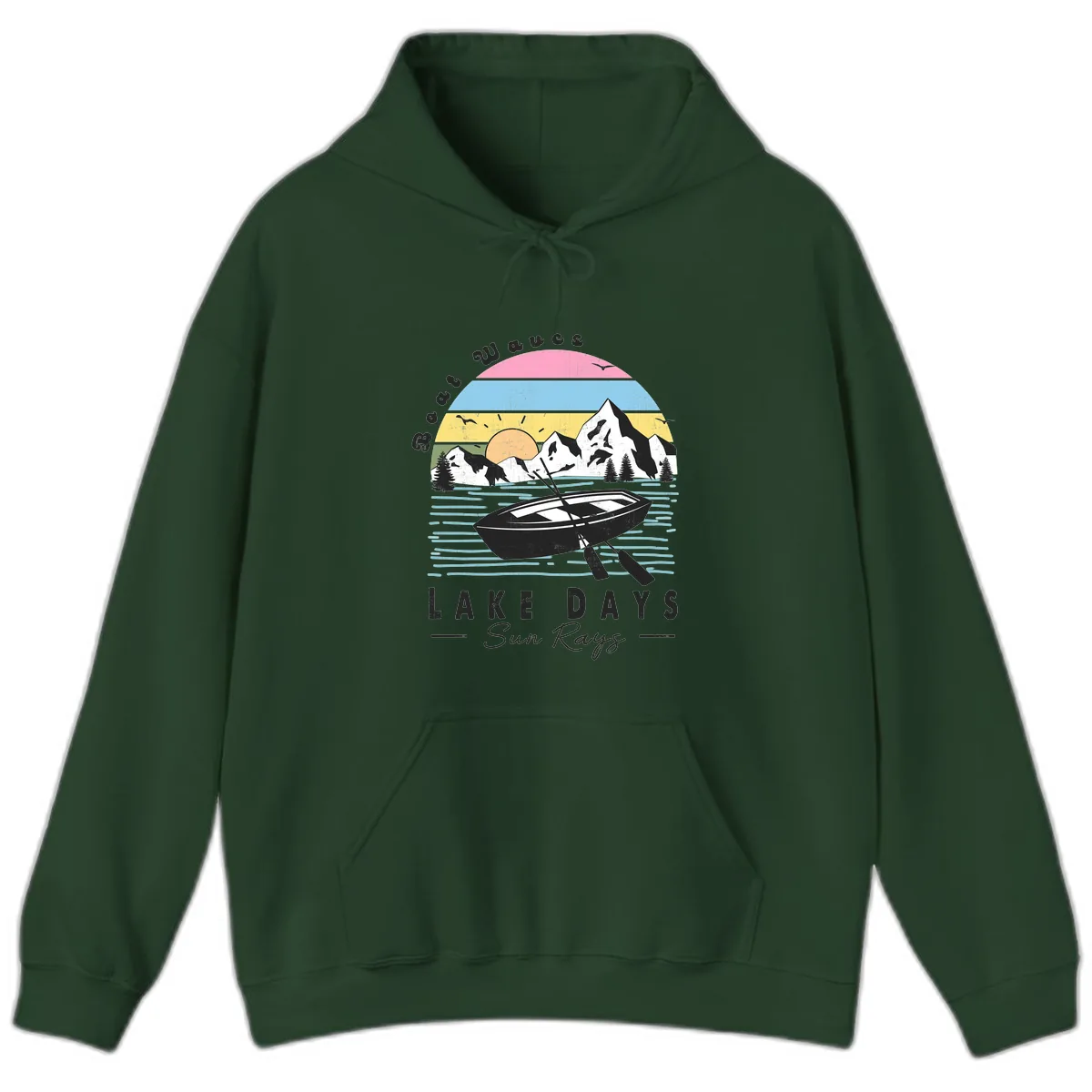 Lake Days Boat Sun Rays Scenic Hoodie in Forest Green