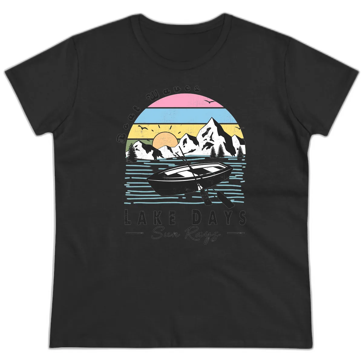 Lake Days Boat Sun Rays Scenic Ladies Tee in Black